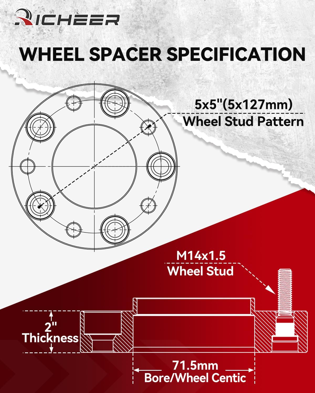 Richeer 2 inch 5x5 Hubcentric Wheel Spacers for 2018-2024 Wrangler JL, 2011-2024 Grand Cherokee WK2 WL, 2019-2024 Gladiator JT, 2011-2023 Durango with 14x1.5 Studs & 71.5mm bore