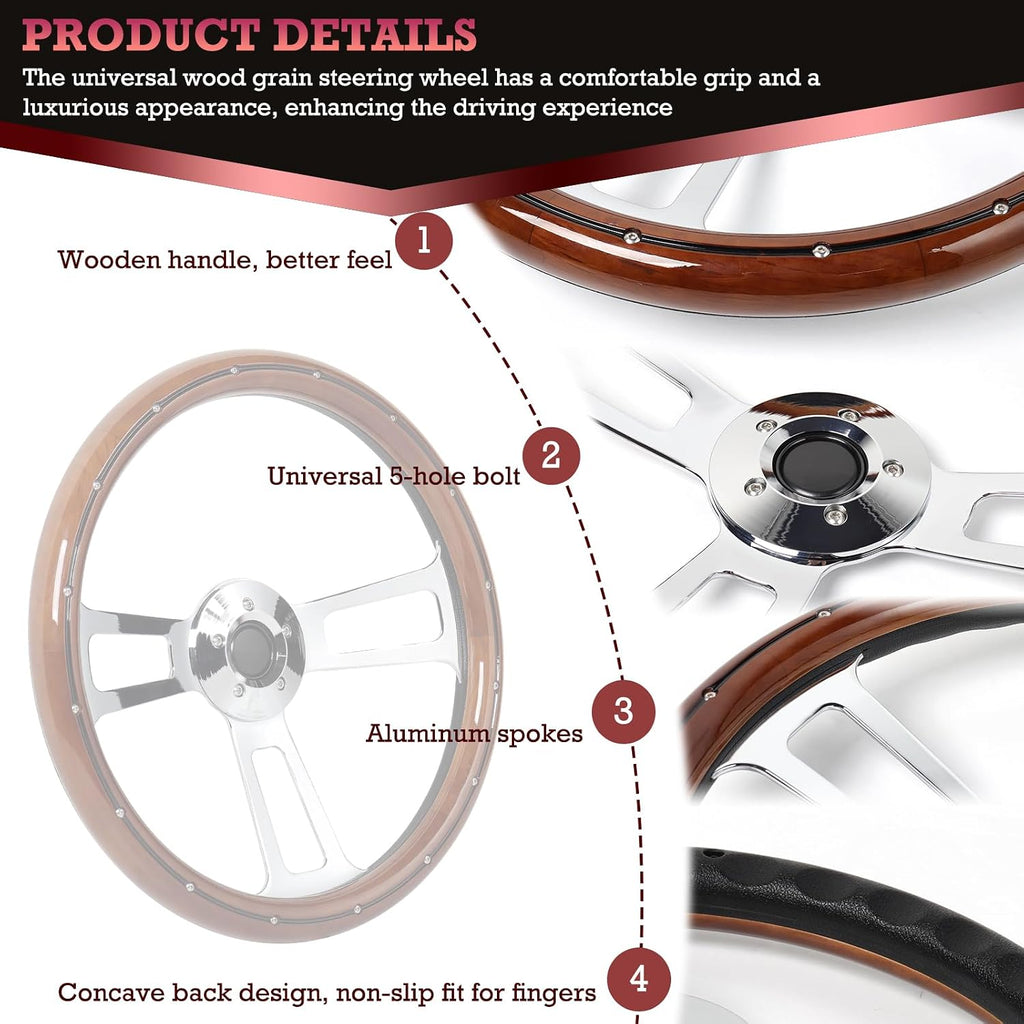 18' Universal Steering Wheel 455mm Chrome Aluminum Spokes Wood Grip, 5-Bolt Replacement for Kenworth for Peterbilt for Freightliner for Volvo–65mm Deep Dish Design 18inch Truck Steering Wheel