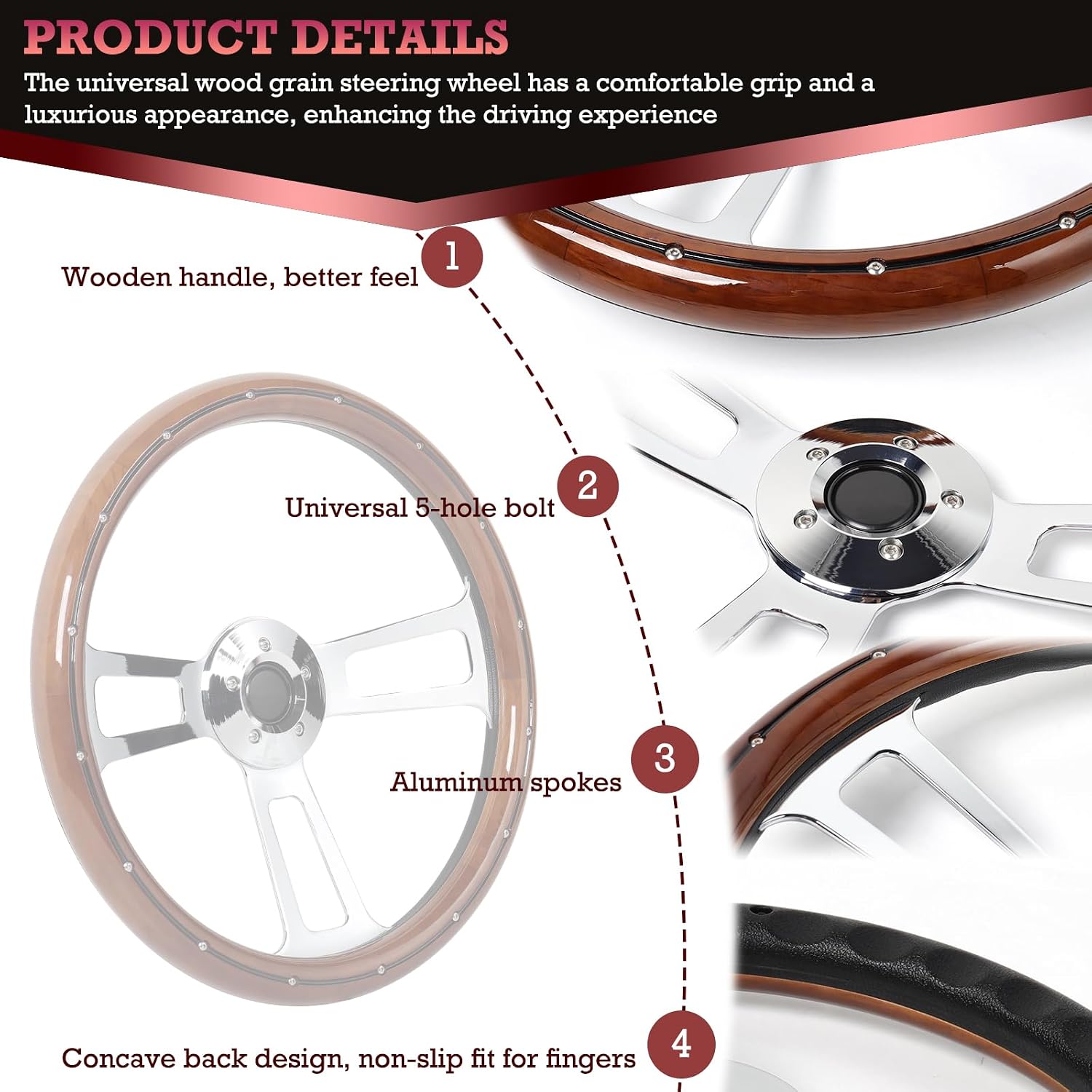 18' Universal Steering Wheel 455mm Chrome Aluminum Spokes Wood Grip, 5-Bolt Replacement for Kenworth for Peterbilt for Freightliner for Volvo–65mm Deep Dish Design 18inch Truck Steering Wheel