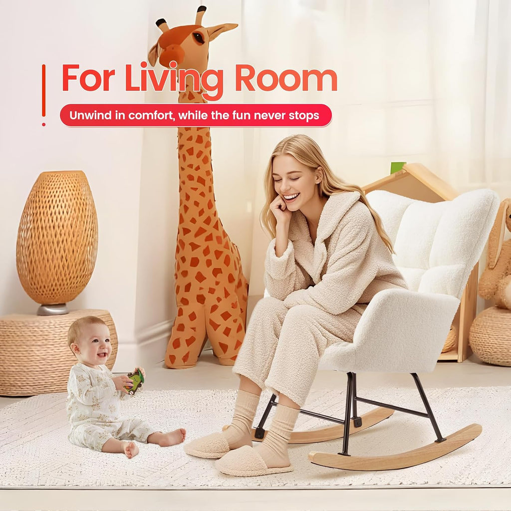 YSSOA Rocking Chair Nursery Teddy - Upholstered Comfy Glider Rocker with High Back Armchair, Cozy Reading Recliner Fluffy Comfortable Chair for Bedroom, Baby Room, Living Room and Study, Beige