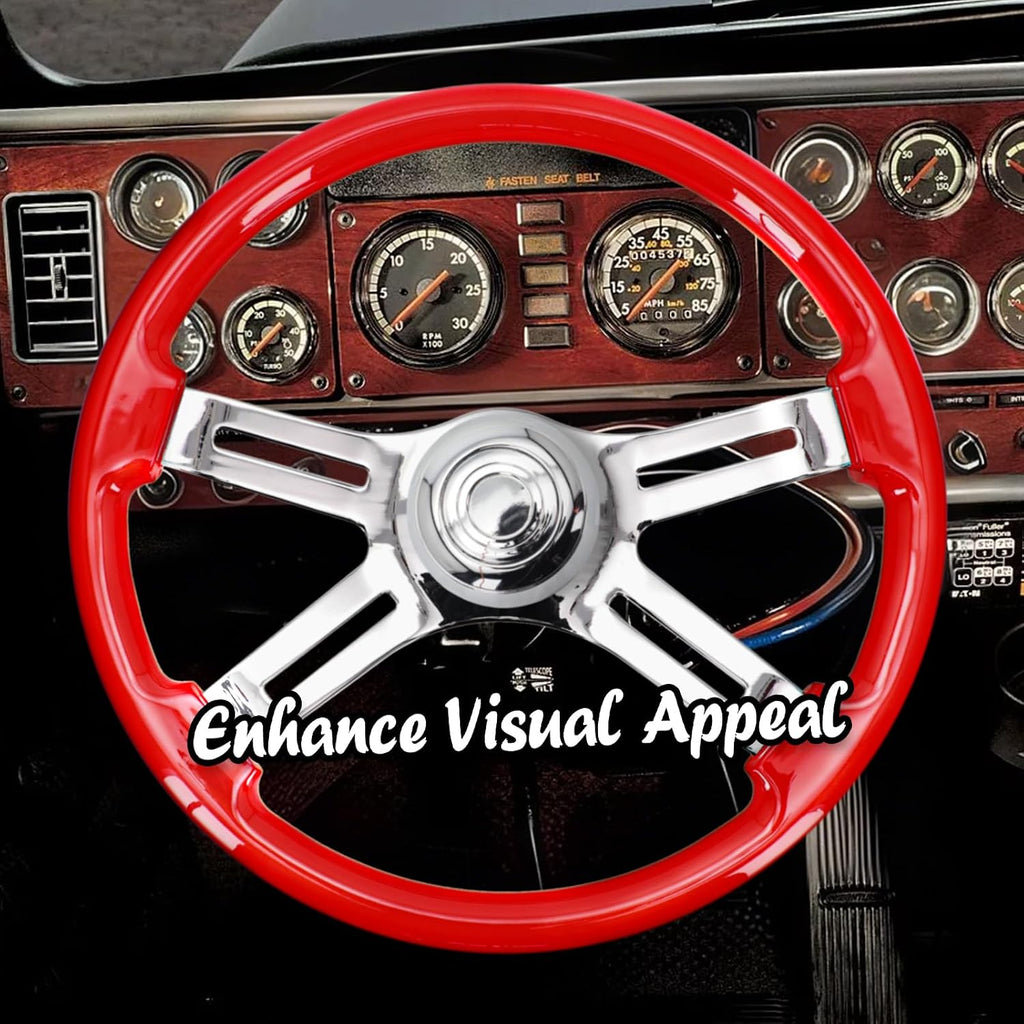 Sorghum 18' Solid Wood Steering Wheel - 4 Spokes Aluminum Chrome Classic Steering Wheel with Horn Button for Semi-Trailers Trucks Compatible with Mack Kenworth Peterbilt Volvo Freightliner-Red