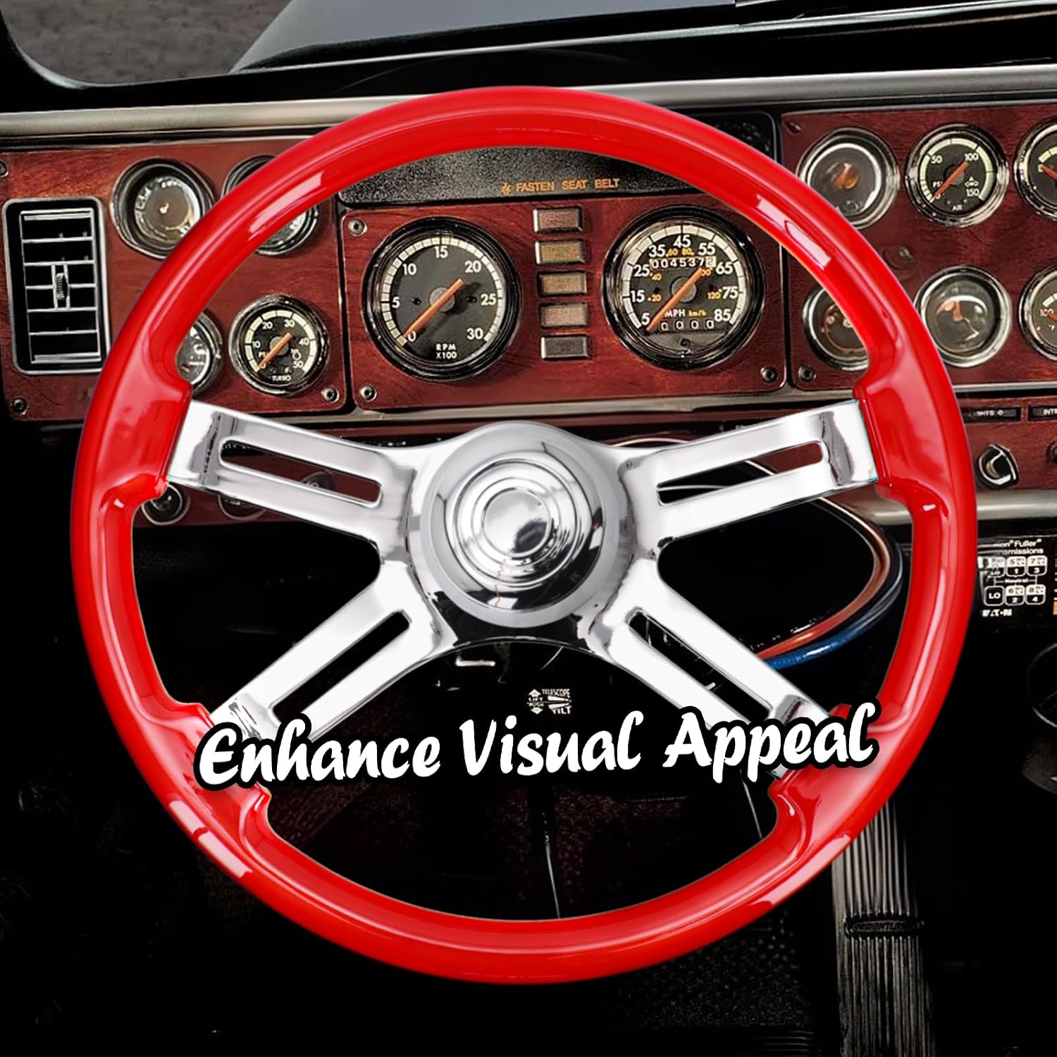 Sorghum 18' Solid Wood Steering Wheel - 4 Spokes Aluminum Chrome Classic Steering Wheel with Horn Button for Semi-Trailers Trucks Compatible with Mack Kenworth Peterbilt Volvo Freightliner-Red