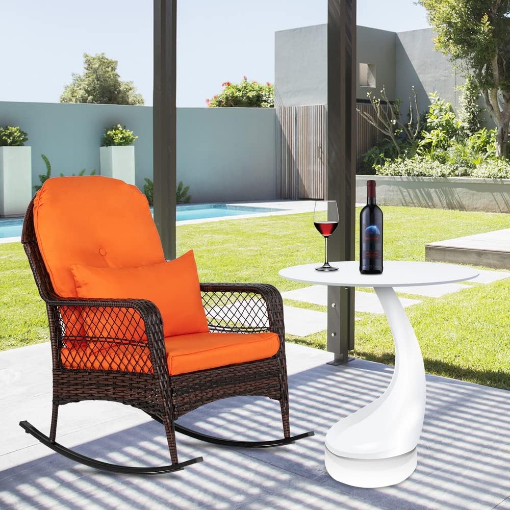 Outdoor Wicker Rocking Chair, Patio Rattan Rocker Chair with Cushions & Steel Frame, All-Weather Rocking Lawn Wicker Furniture for Garden Backyard Porch