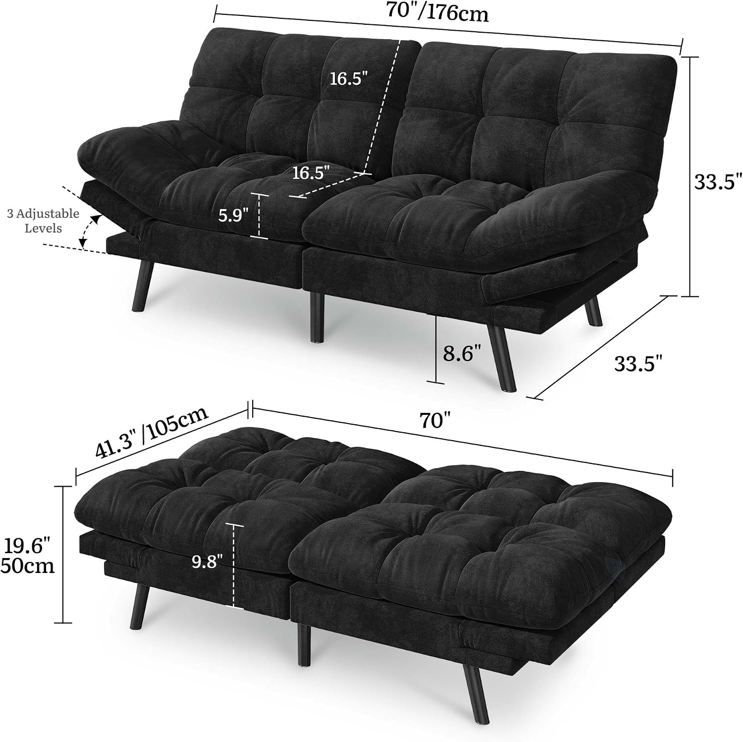 DWVO Sofa Bed with 3-Position Adjustable Backrest & Armrests, Upholstered Loveseat Couch Bed, Expandable Foldable Design for Living Room, Bedroom, Black