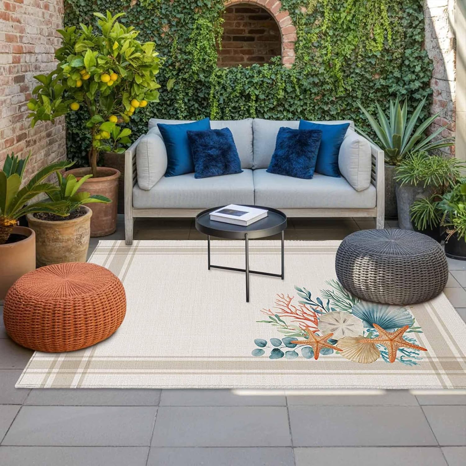 Summer Coastal Outdoor Rug for Patio/Deck/Porch, Non-Slip Large Area Rug 5 x 7 Ft, Nautical Beach Marine Life Beige Striped Indoor Outdoor Rugs Washable Area Rugs, Reversible Camping Rug Carpet Runner