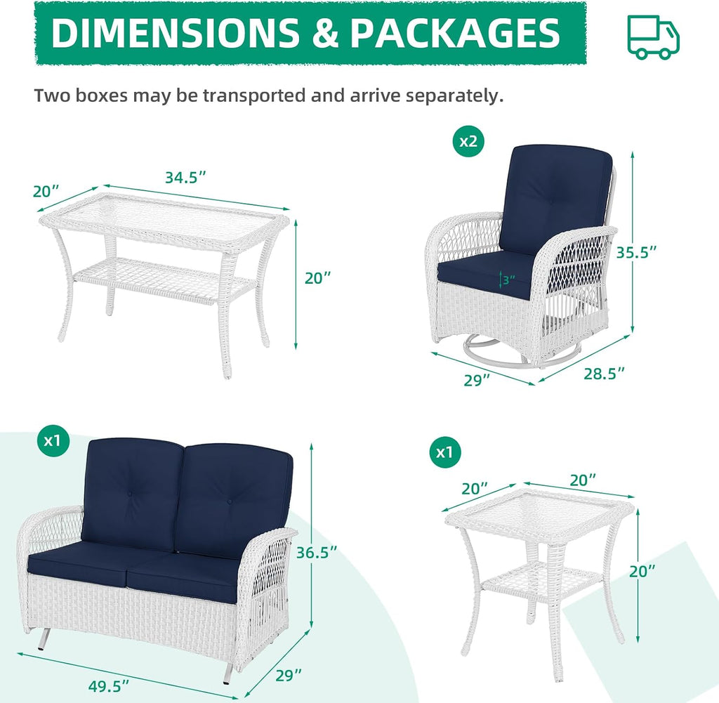 VIVIJASON 5-Piece Outdoor Patio White Wicker Conversation Sets, All Weather Outdoor Rattan Furniture Set Includes Glider Loveseat, 2 Coffee Table, 2 Swivel-Gliders Chairs with Cushions, Navy Blue