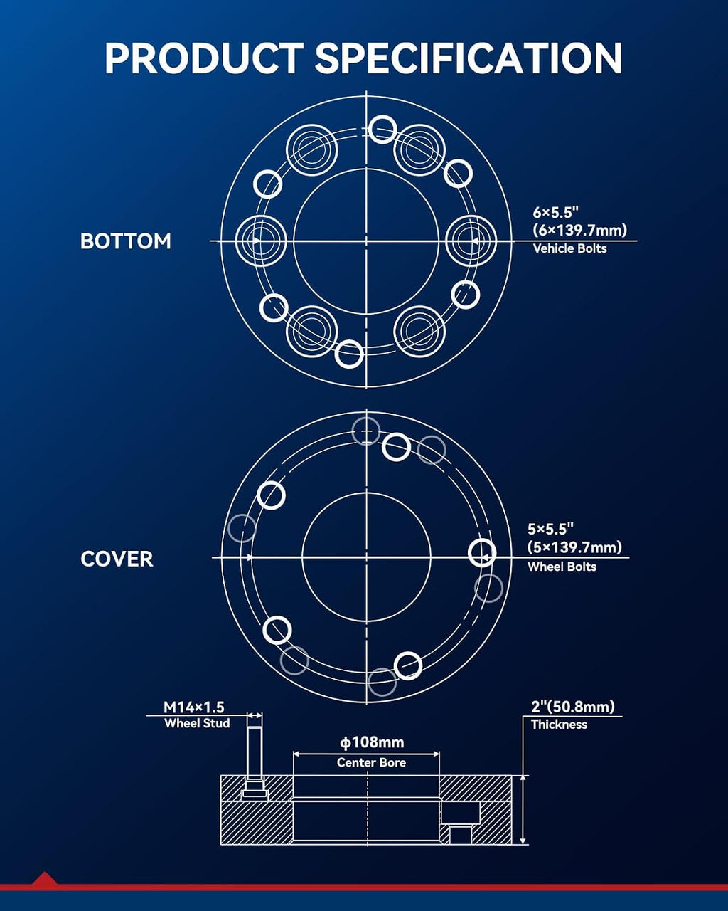KAX 6x5.5 to 5x5.5 Wheel Adapters,2 inch 6 Lug to 5 Lug Wheel Adapters (Changes Bolt Pattern) fit for Silverado 1500, Sierra 1500, Tahoe, Suburban 1500, Yukon, with M14x1.5 Studs 108mm Hub Bore,2Pcs