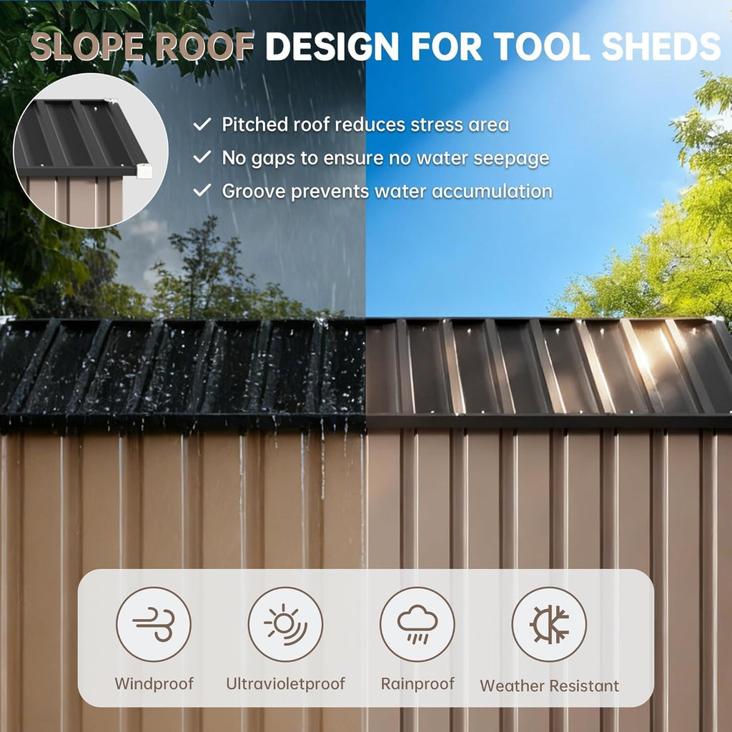 5x2.5 FT Vertical Metal Storage Shed, Lockable Outdoor Garden Tool Shed with Sloped Roof, Heavy-Duty Steel Utility Shed for Patio Backyard, Brown