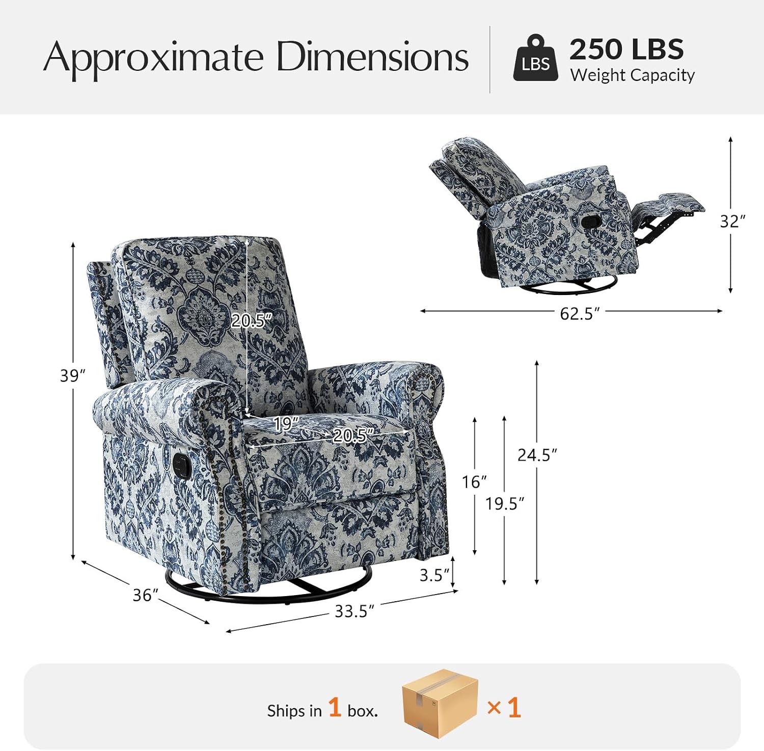 HULALA Home Modern Rocker Recliner, Printed Fabric Swivel Glider with Adjustable Backrest & Footrest, Comfy Upholstered Manual Recliner Chair Home Theater Singe Sofa for Bedroom Living Room, Damask
