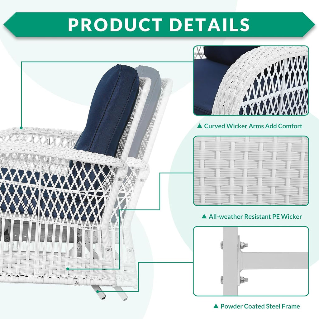 VIVIJASON 2-Piece Outdoor White Wicker Glider Rocking Chair, Patio Rattan Swing Glider Chairs with Cushions & Steel Frame, All-Weather Gliding Lawn Wicker Furniture for Garden Backyard, Navy Blue