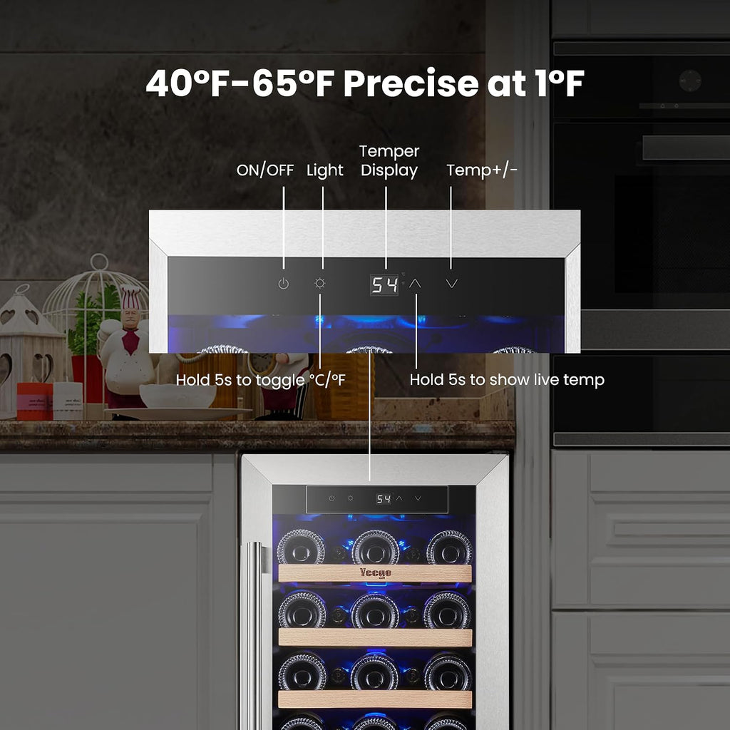 Yeego Wine Fridge – 15 Inch 33 Bottle Wine Cooler Refrigerator with Glass Door, 40-65℉ Built-In or Freestanding, Adjustable Shelves Wine Fridge Ideal for Home Bar & Kitchen