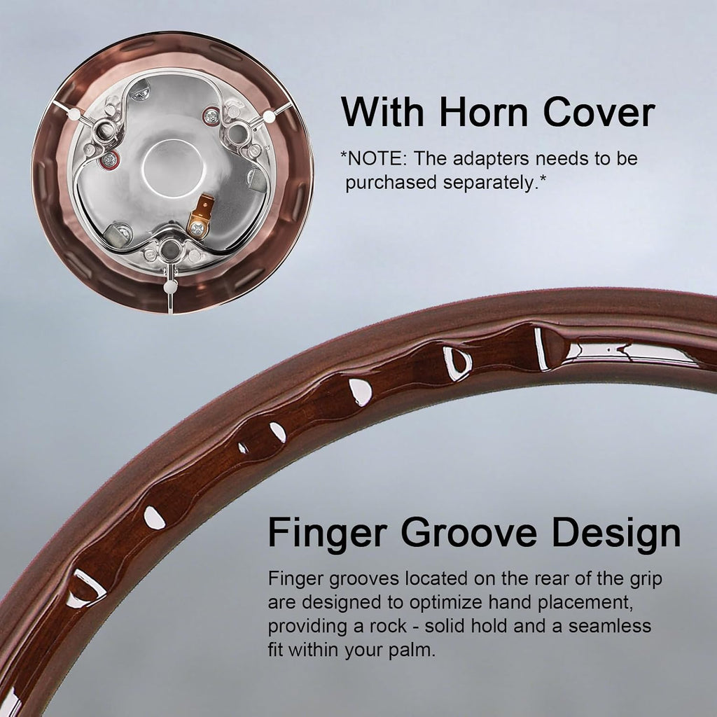 Sorghum 18' Solid Wood Steering Wheel - 4 Spokes Aluminum Chrome Leather Cover Steering Wheel with Horn Button for Semi-Trailers Trucks Compatible with Mack Kenworth Peterbilt Volvo Freightliner