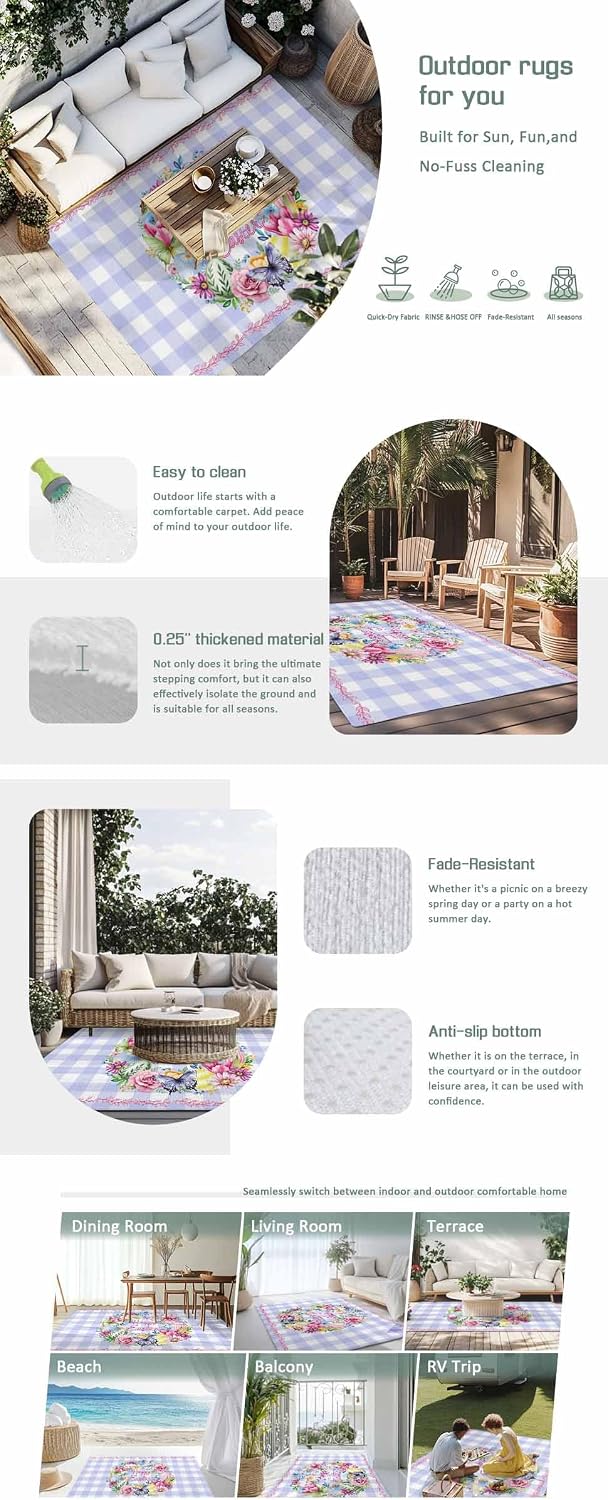 Happy Easter Outdoor Rug for Patio/Deck/Porch, Non-Slip Large Area Rug 4 x 6 Ft, Colorful Eggs Flowers Butterfly Purple Plaid Indoor Outdoor Rugs Washable Area Rugs, Camping Rug Carpet Runner