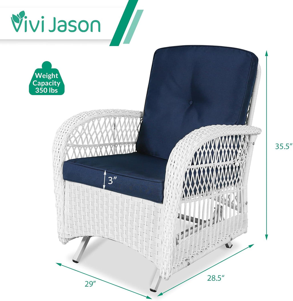 VIVIJASON 2-Piece Outdoor White Wicker Glider Rocking Chair, Patio Rattan Swing Glider Chairs with Cushions & Steel Frame, All-Weather Gliding Lawn Wicker Furniture for Garden Backyard, Navy Blue
