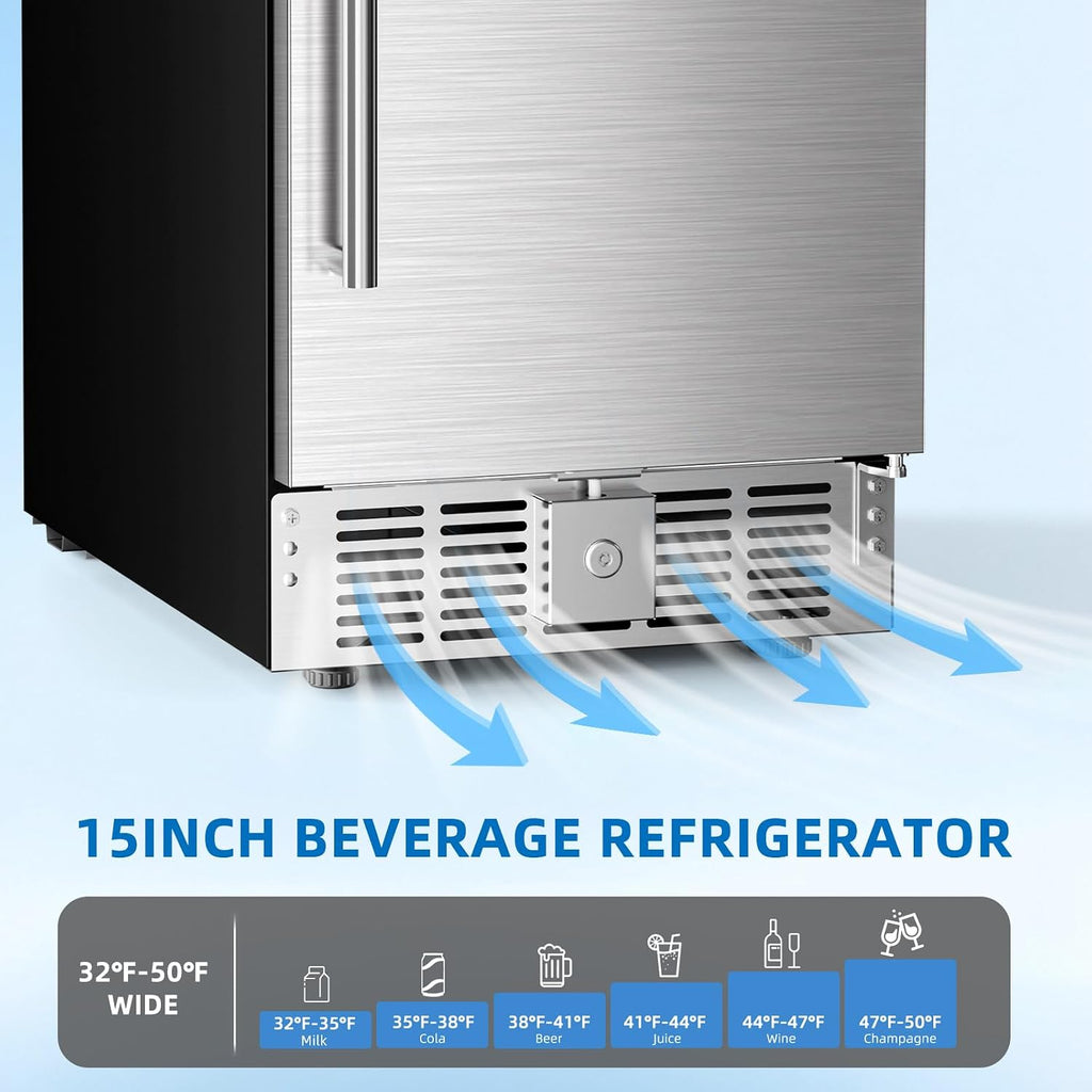 Antarctic Star 15 Inch Outdoor Beverage Refrigerator, 135 Can Stainless Steel Mini Fridge, Undercounter Built-in or Freestanding, Fast Cooling Low Noise Wine Cooler for Home Patio, 32-50°F