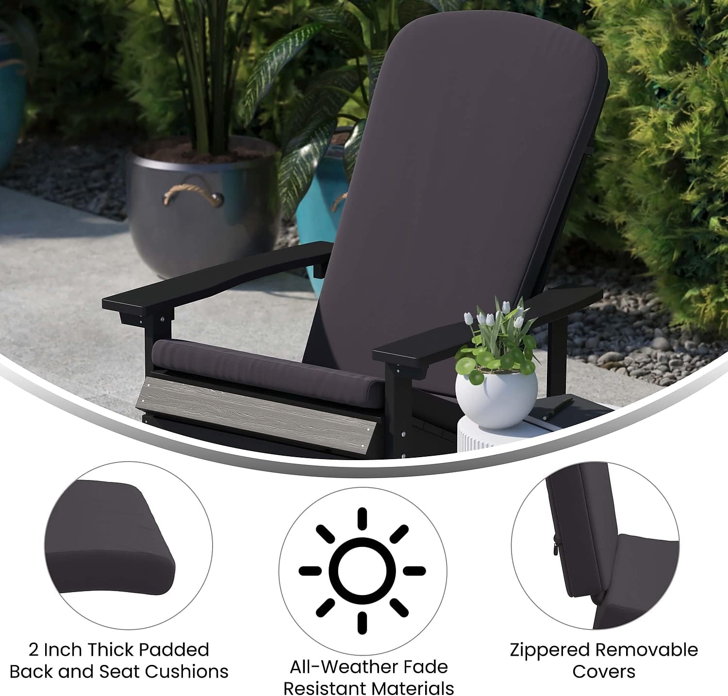Flash Furniture Set of 2 All-Weather High Back Adirondack Chair Cushions in Gray