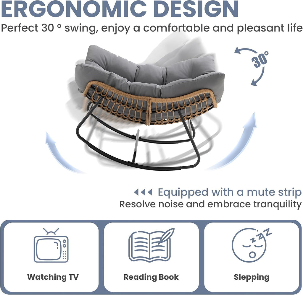 COSIEST Oversized Papasan Rocking Chair with Extra Thick Cushion - 45 in Rattan Wicker Egg Chair for Indoor/Outdoor Use, Swivel Lounge Chair for Patio, Living Room, Bedroom, Grey