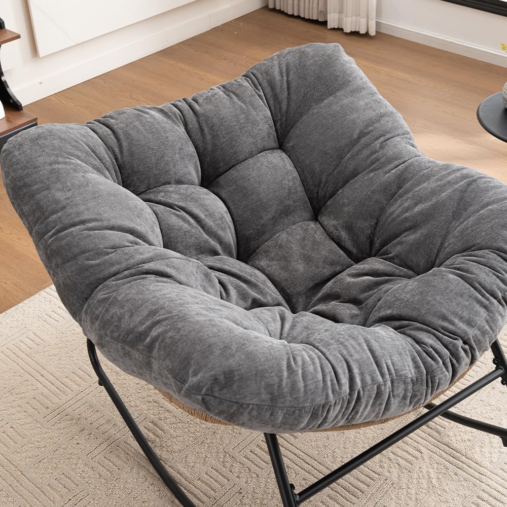 Outdoor Papasan Chair, Oversized Rocking Chair with Cushion and Metal Frame, Patio Lounge Rocking Chair for Balcony Backyard Porch Bedroom Living Room (Grey)
