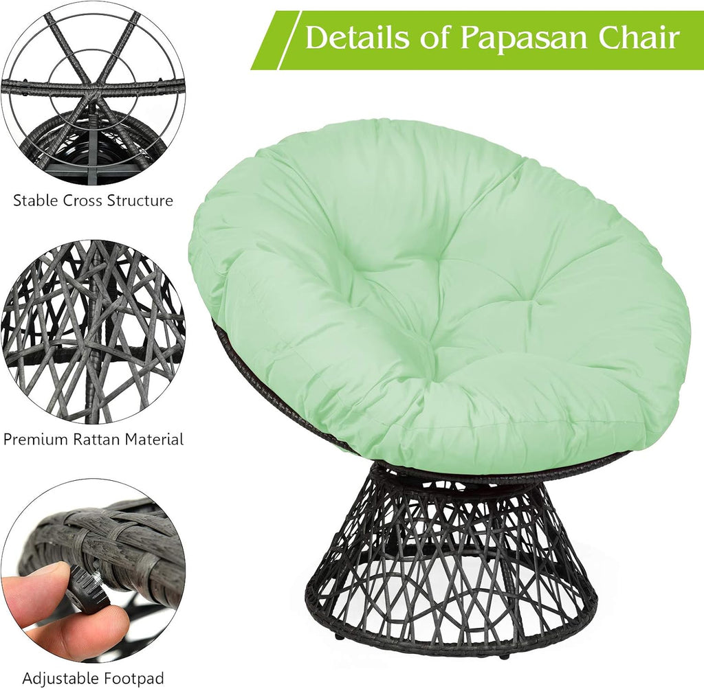 S AFSTAR Papasan Chair with Fabric Cushion, 360-degree Swivel Papasan Chair with Detachable Round Cushion & Wicker Cross Frame, Saucer Chair Moon Chair for Outdoor Patio Indoor Bedroom (Green)