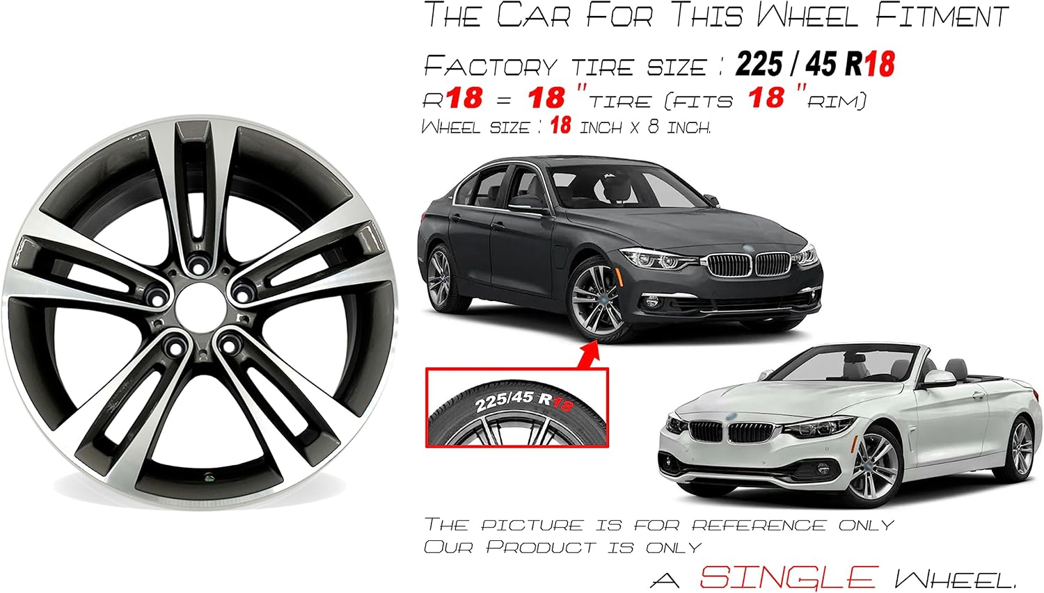 New Single 18' 18x8 Inch Wheel for 2012–2020 BMW 3 Series, 4 Series | OEM Design Replacement Rim | Machined Grey | Direct Fit - OE Stock Specs | 71540 71540B