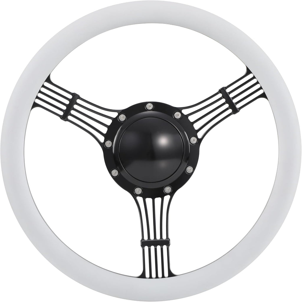 14'' Billet Banjo Half Wrap Steering Wheel with 9 Bolts 2'' Dish and Horn Button (White)