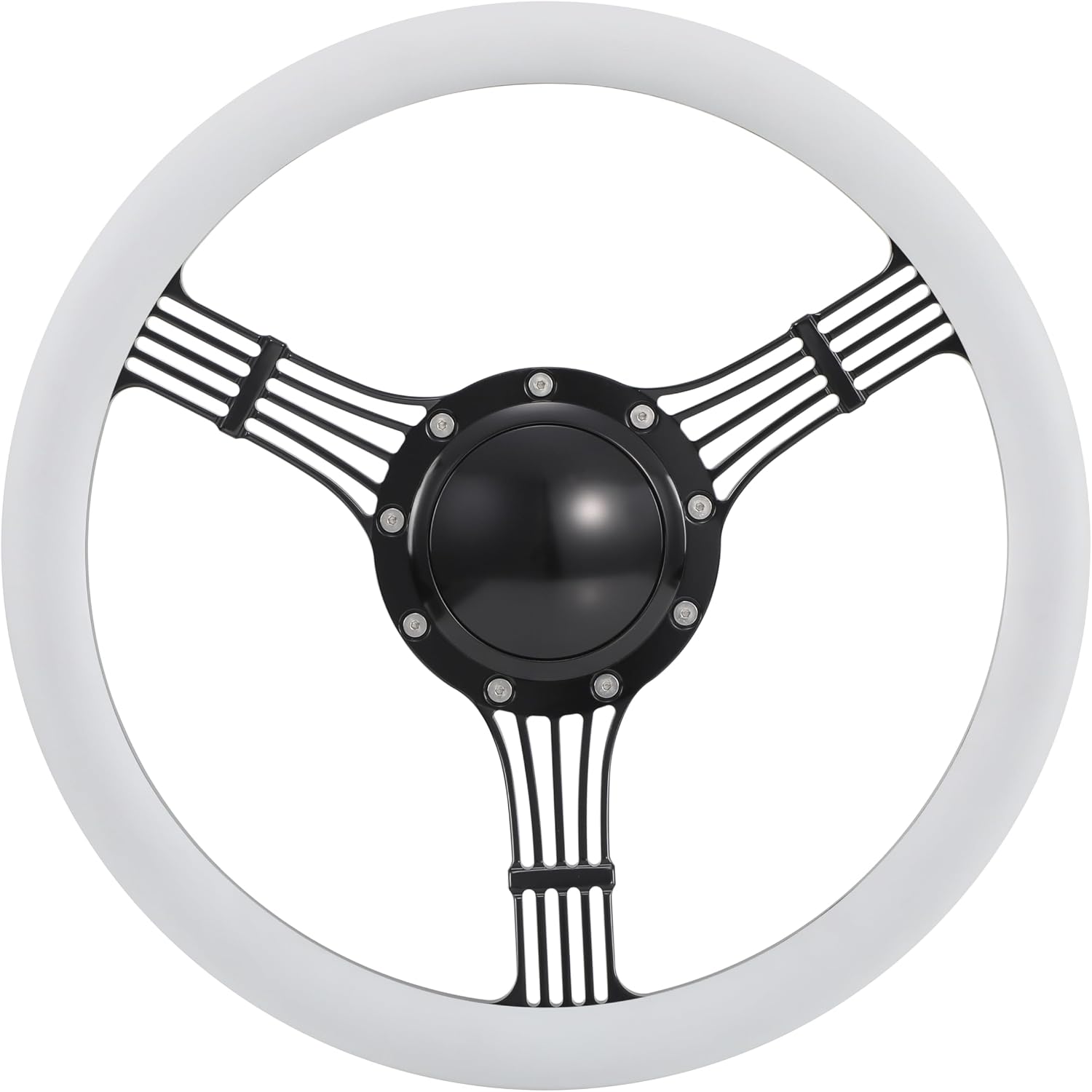 14'' Billet Banjo Half Wrap Steering Wheel with 9 Bolts 2'' Dish and Horn Button (White)