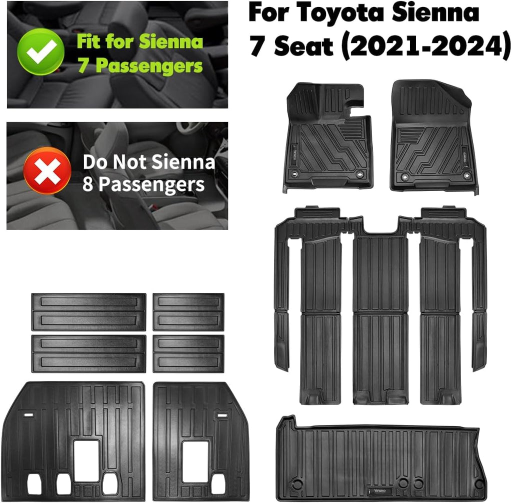 Vanseno Floor Mats Compatible for Toyota Sienna 2021-2025 2026 7 Seat Cargo Liner Trunk Mat Backrest Mat Back Seat Protector All Weather Rubber Mat for Toyota Sienna Accessories