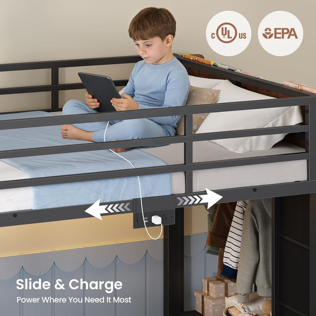 ADORNEVE Low Bunk Bed Twin Over Twin with Bookshelf, 4 Storage Drawers, Metal Kids Bunk Bed with Power Outlet & RGB Lights, Clothing Rack & Shelves, Safety Guardrail & Ladder, Black