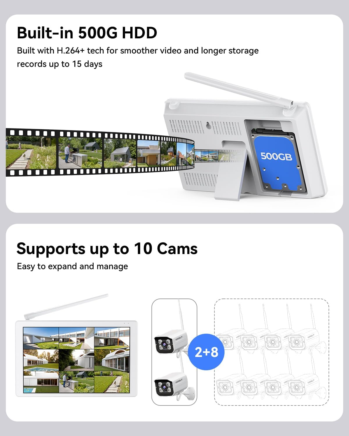 Wireless Security Camera System with 10' LCD Monitor, 2PCS 3MP Bullet Outdoor Camera Metal Shell for Home Surveillance, 10CH NVR with 500G HDD, 24/7 Record,Human Detection,No Monthly Fee