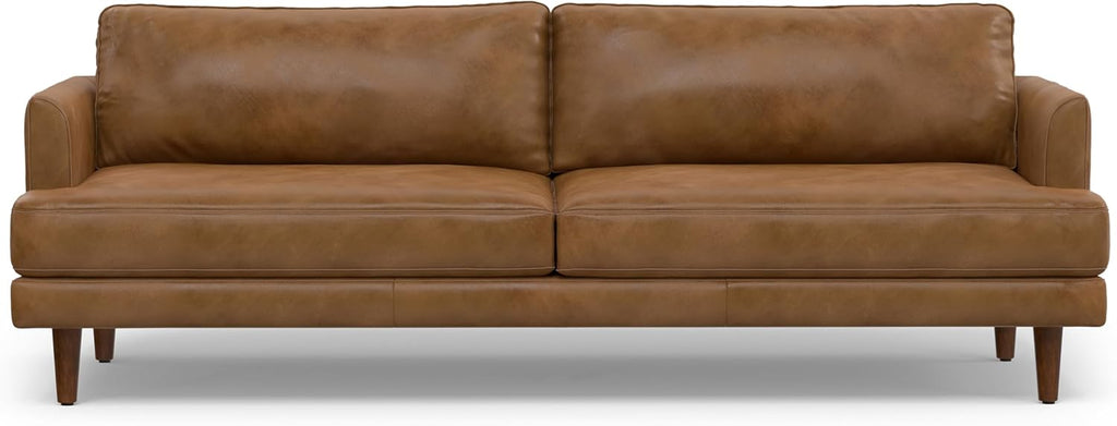 SIMPLIHOME Livingston Sofa - 90 inch Wide Top Grain Genuine Leather Sofa in Caramel Brown, Mid-Century Modern 3-Seater Couch for Living Room with Feather-Wrapped Cushions and Solid Wood Frame