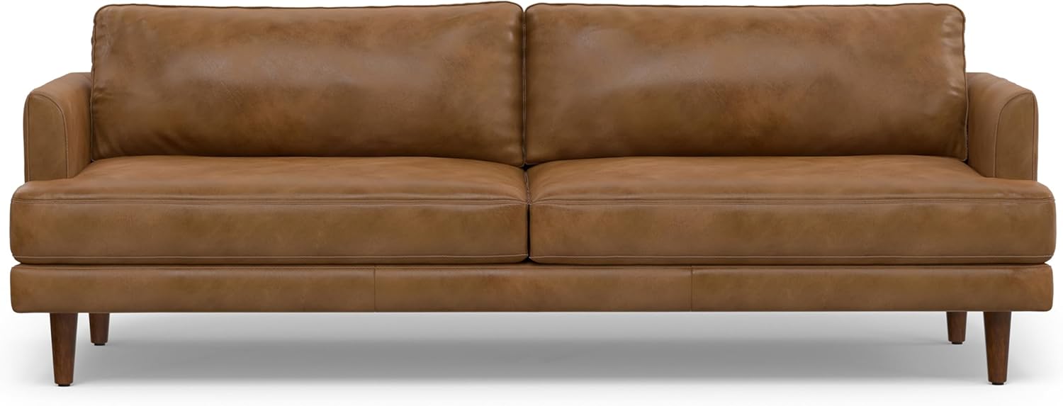 SIMPLIHOME Livingston Sofa - 90 inch Wide Top Grain Genuine Leather Sofa in Caramel Brown, Mid-Century Modern 3-Seater Couch for Living Room with Feather-Wrapped Cushions and Solid Wood Frame