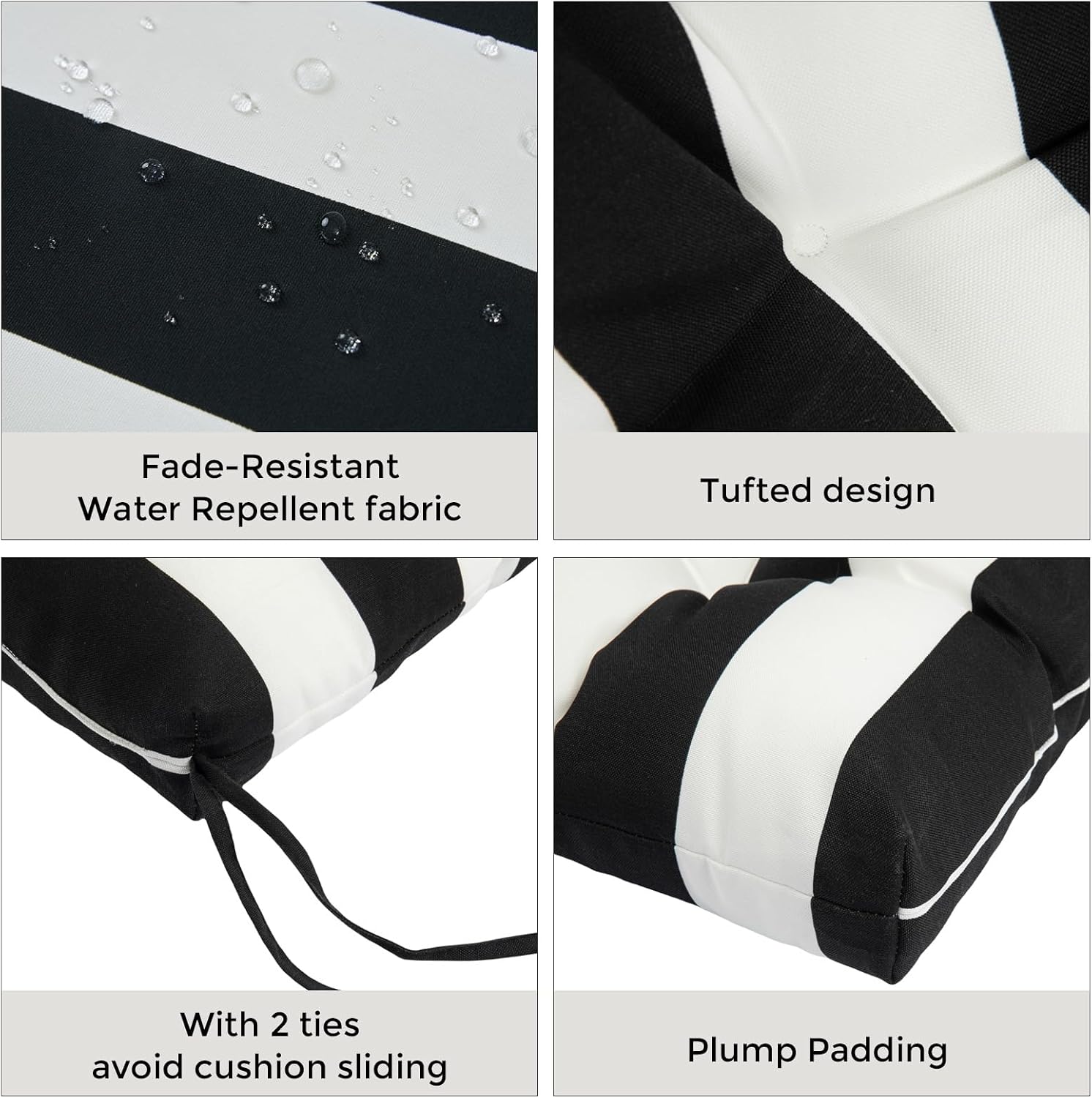 Outdoor High Back Chair Cushions Set of 2,Reversible Lawn Chair Cushion 44 x22 inch,Water Resistant Tufted Adirondack Chair Cushion,for Garden Rocking Chair,Patio Furniture(Black White Stripe)