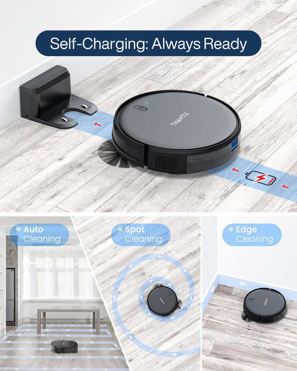 Robot Vacuum Cleaner, Super Thin, Powerful Suction Vacuum Robot, Self-Charging Robotic Vacuum Cleaner, Cleans Hard Floors to Low-Pile Carpets, Black