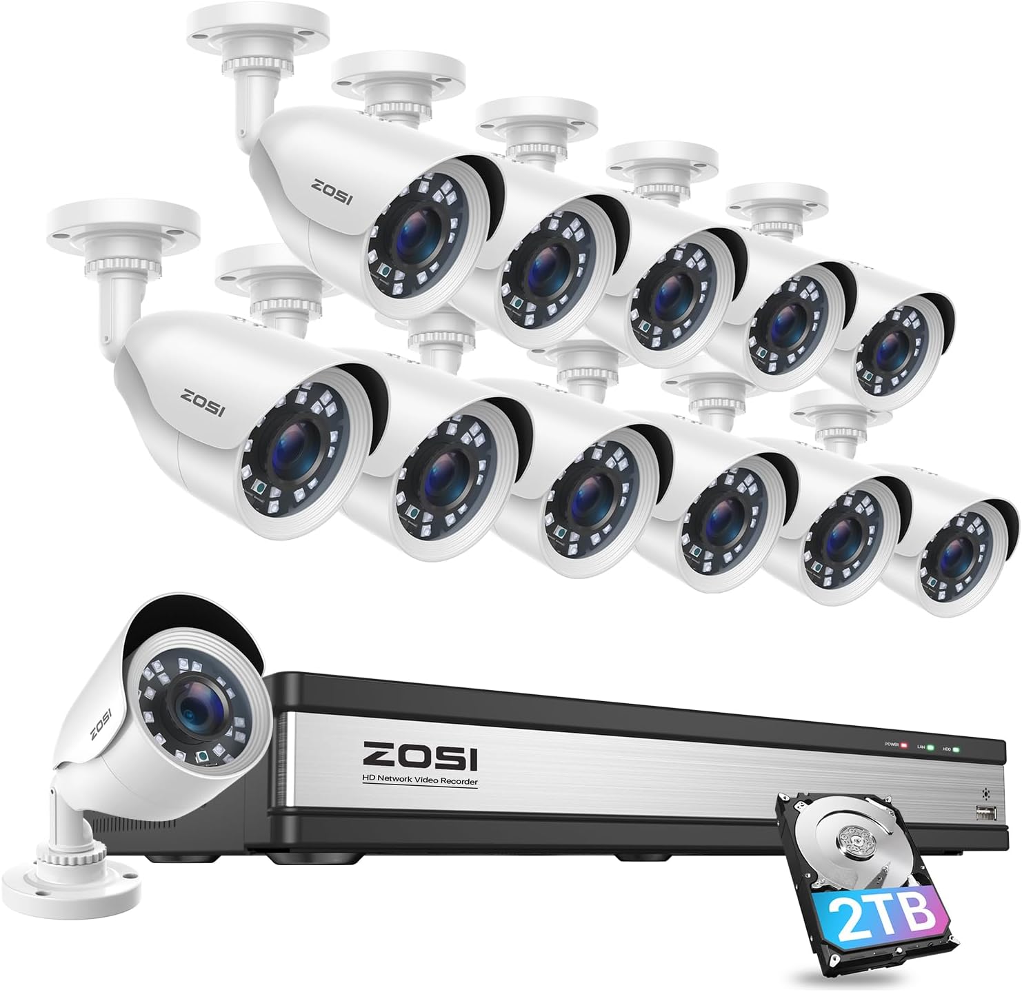 ZOSI H.265+ 1080p 16 Channel Security Camera System, 16CH DVR Recorder with AI Human Vehicle Detect, 12 x 1080p Weatherproof CCTV Bullet Camera Outdoor Indoor 80ft Night Vision, Motion Alerts, 2TB HDD