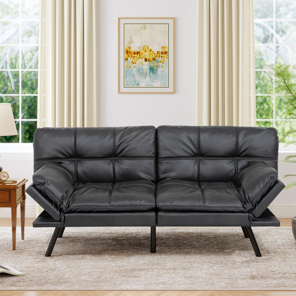 MUUEGM 71' Futon Sofa Bed, Modern Convertible Loveseat Sleeper, Faux Leather Couch with Adjustable Back & Arms for Small Spaces, Office & Apartment - Flat Black
