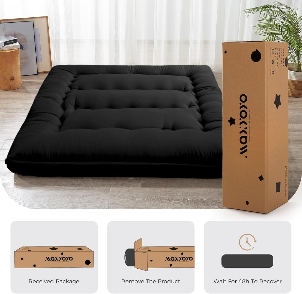 MAXYOYO 6' Extra Thick Japanese Floor Mattress Futon Mattress, Foldable Tatami Pad for Adults, Roll Up Floor Mat for Living Room Guest Room RV, Black, Twin