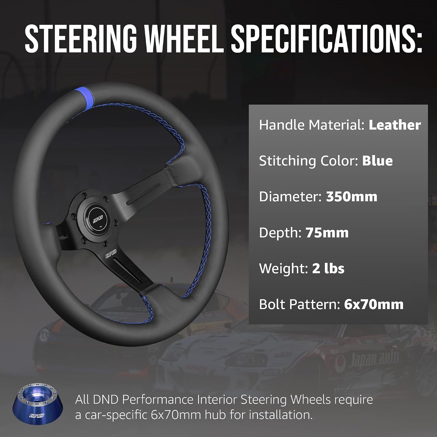 DND Performance Interior's Leather Race Steering Wheel / 350mm Diameter and 75mm Depth / 6x70mm Bolt Pattern/DND Leather Steering Wheel with Horn Button Included (Colored Stitching) (Blue)