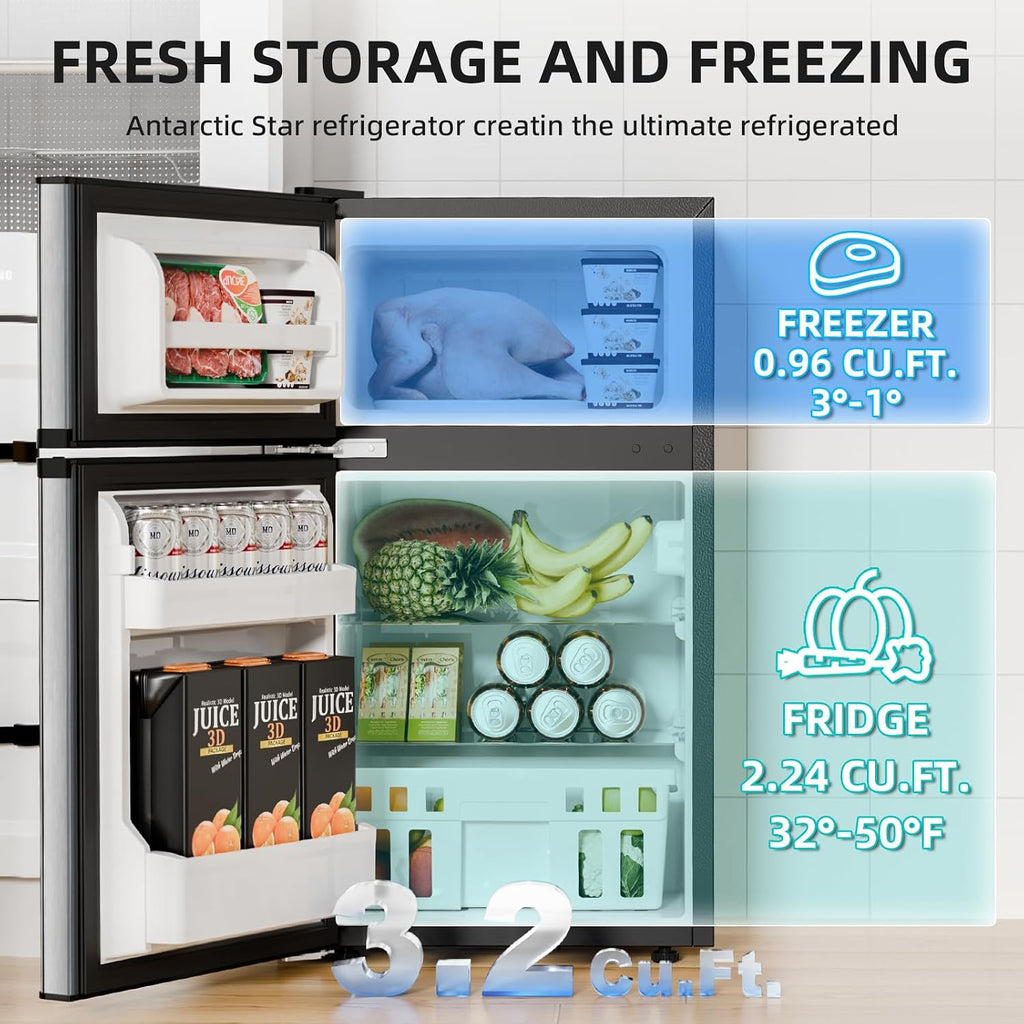 Antarctic Star Compact Refrigerator with Freezer,2 Door Mini Fridge,Adjustable Shelf,Adjustable Thermostat,for Bedroom,Office,Dorm,Kitchen,3.2 Cu.Ft.Silver