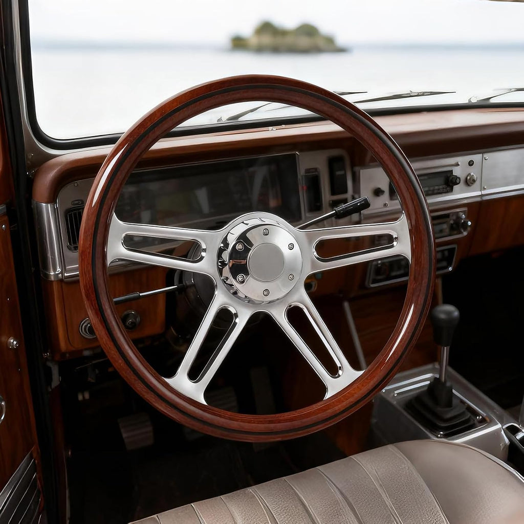 18' Solid Wood lacquering Truck Steering Wheel Chrome-Plated Aluminum Alloy 5-Bolt,Deep Dish 50mm,Fit for Kenworth for Peterbilt for Freightliner for Volvo Trucks Dark Wood Grip Steering Wheel