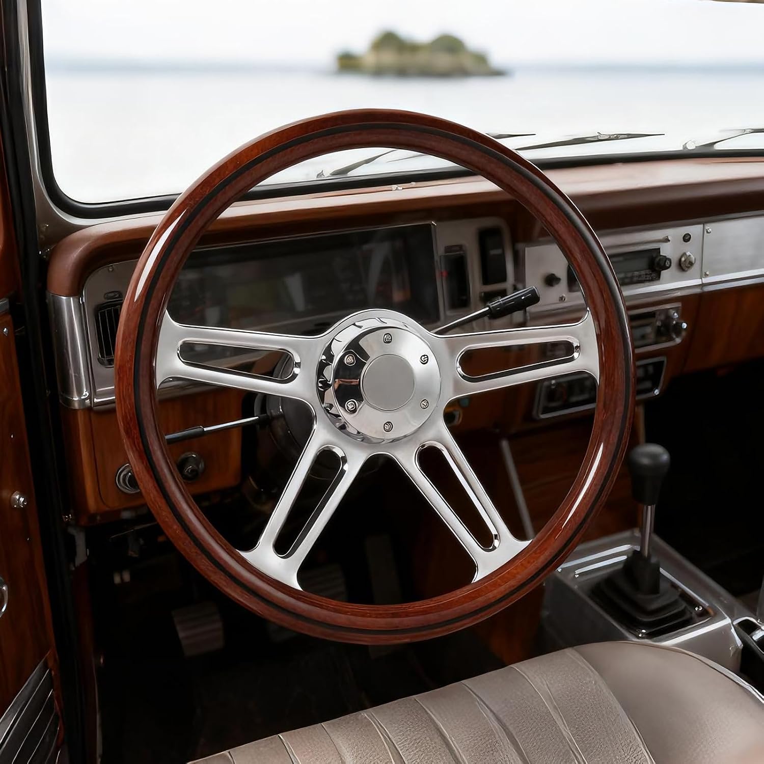 18' Solid Wood lacquering Truck Steering Wheel Chrome-Plated Aluminum Alloy 5-Bolt,Deep Dish 50mm,Fit for Kenworth for Peterbilt for Freightliner for Volvo Trucks Dark Wood Grip Steering Wheel