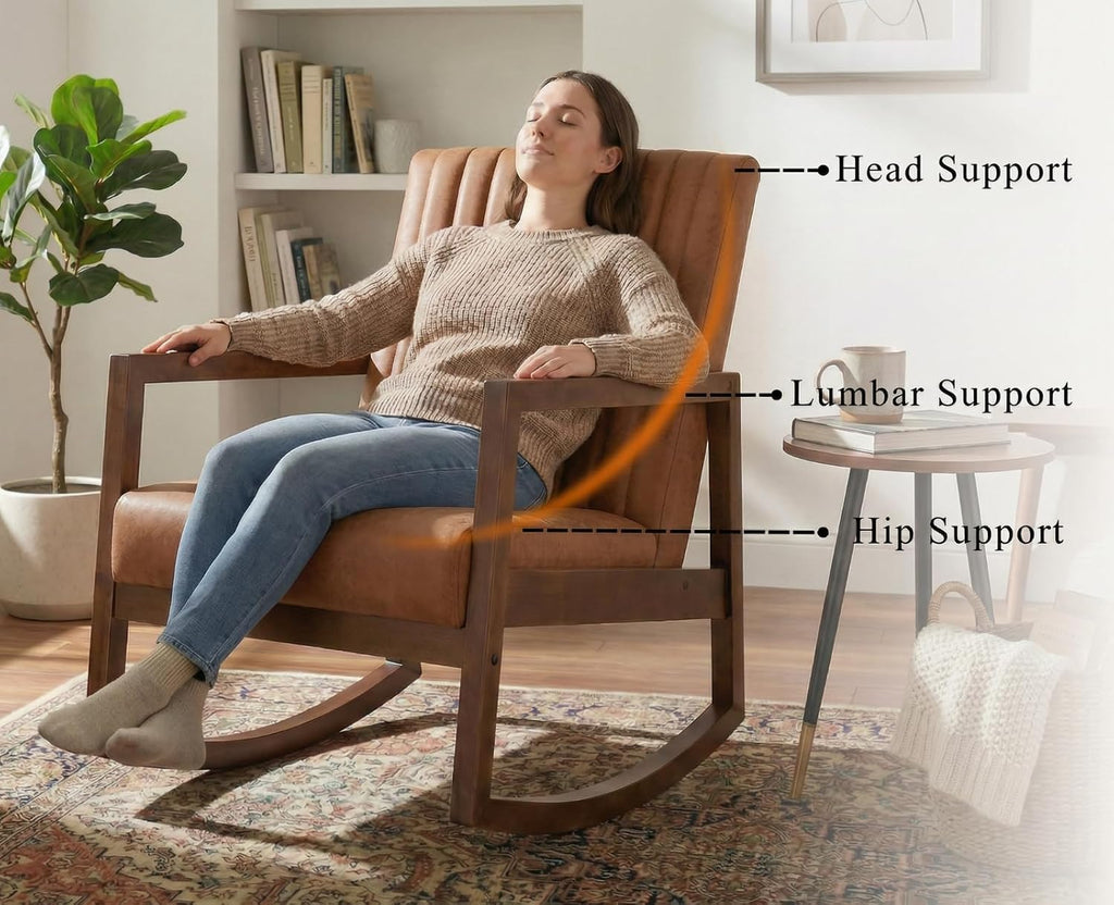CIMOTA Leather Modern Rocking Chair Mid Century Armchair Upholstered Arm Chair with Padded Seat/Wood Frame, Comfy Rocker for Living Room/Bedroom, Retro Brown PU