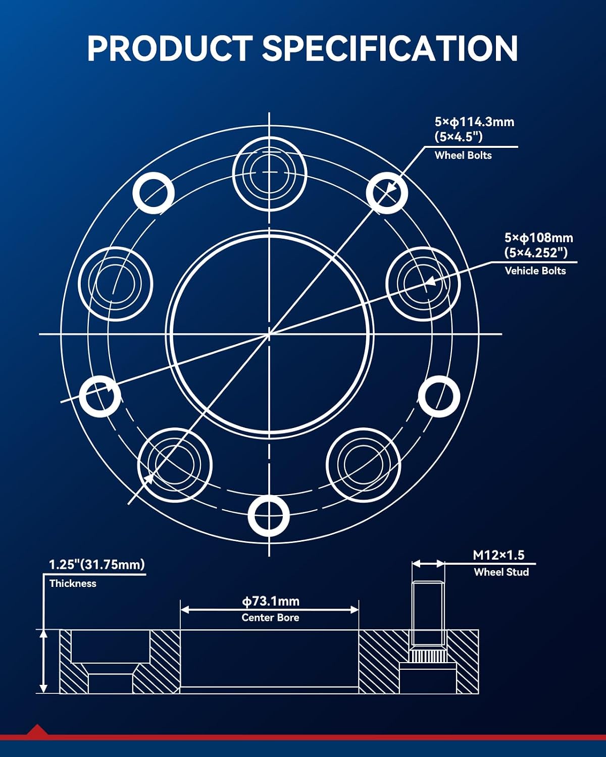 KAX 5x108mm to 5x114.3mm Wheel Adapters,1.25 inch 5 Lug Wheel Adapters (Changes Bolt Pattern) fit for Focus, Fusion, Taurus, Transit Connect, C-Max, with M12x1.5 Studs 73.1mm Hub Bore,4pcs