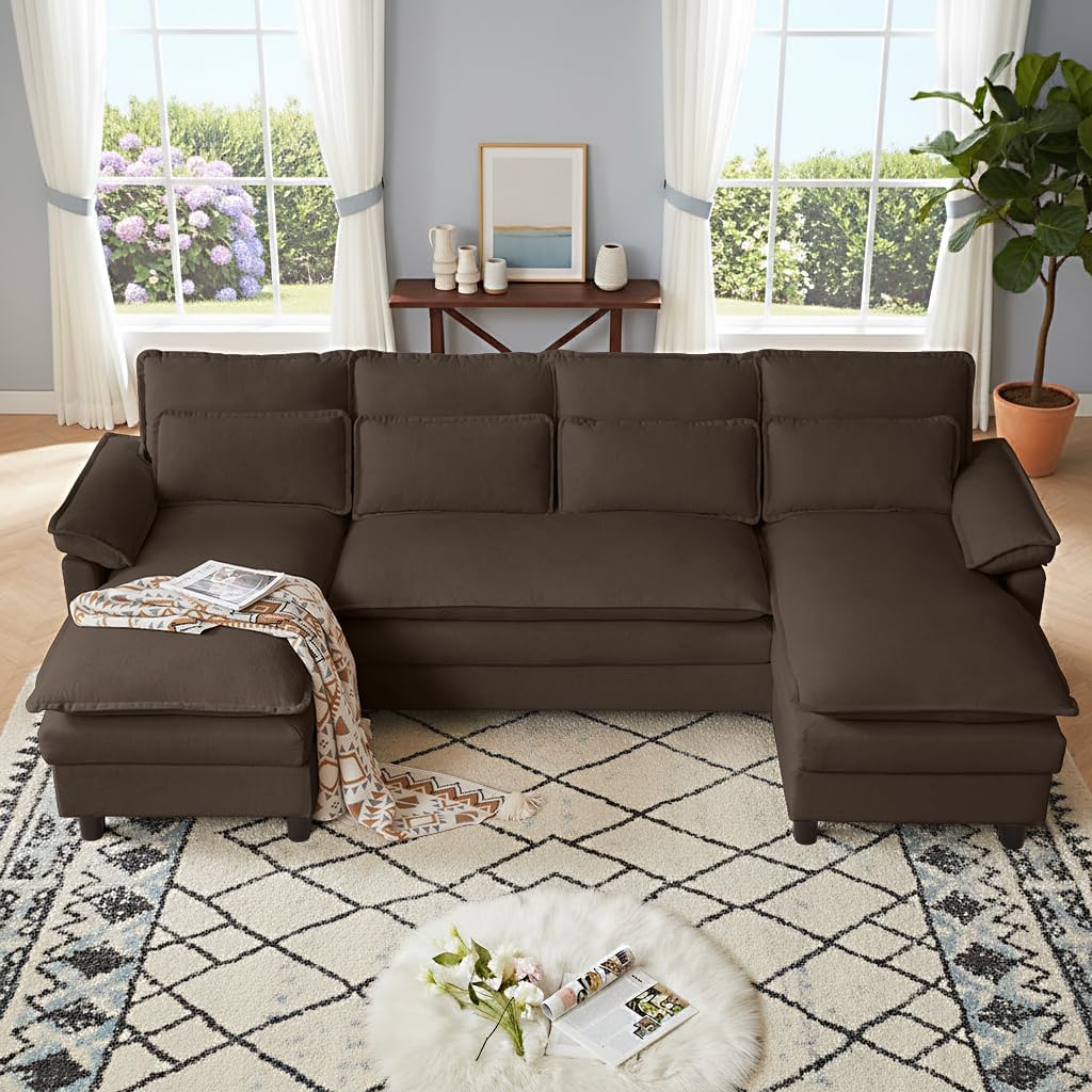 105' Convertible Sectional Sofa, U Shape Cloud Couch, Comfy Couches with Double Chaise and Sleepable Armrests, 4 Seats Sectional Couches for Living Room, Coffee