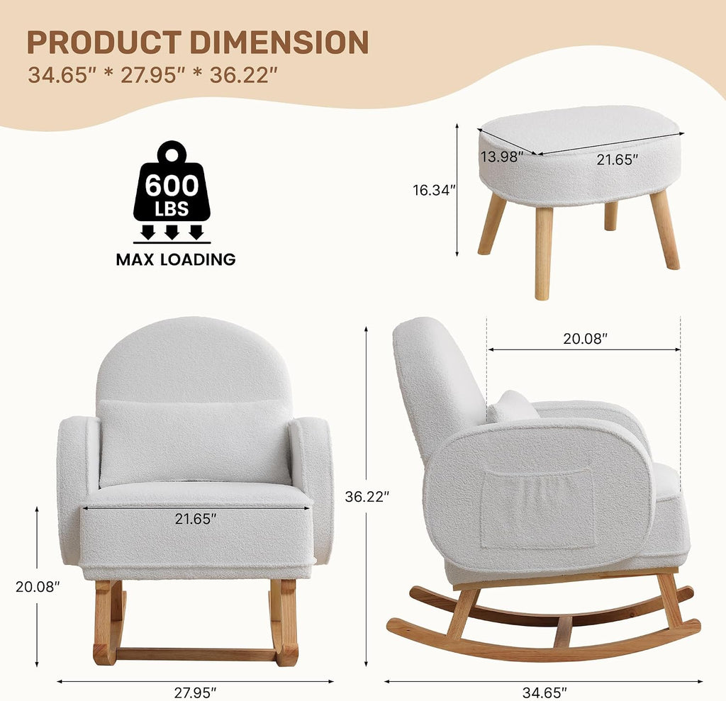 HCHAIRH Rocking Chair Nursery with Ottoman Footrest, Upholstered Glider Rocker with High Backrest and Side Pocket, Rocking Accent Armchair with Solid Wood Legs for Nursery, Living Room, Bedroom White
