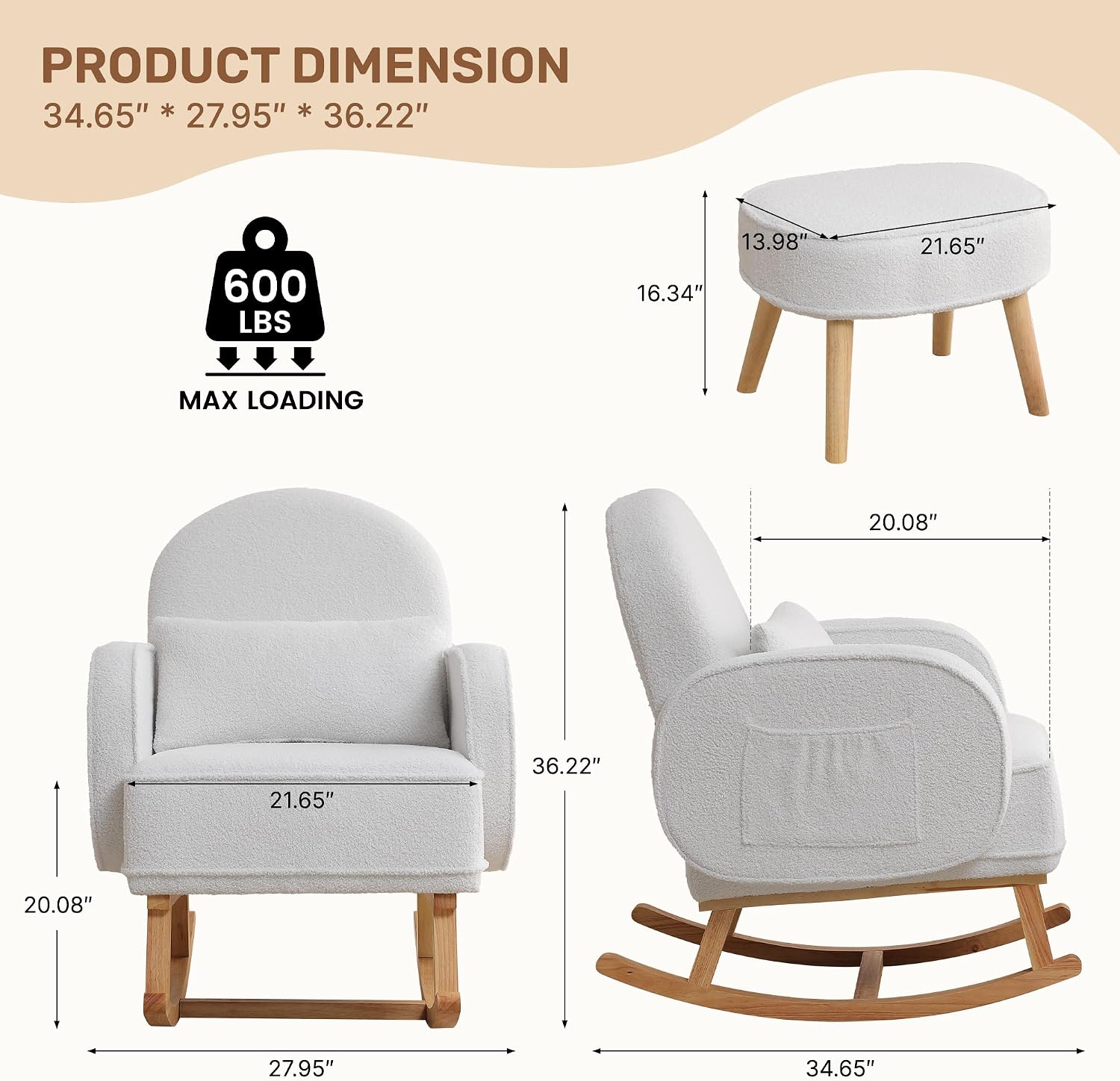 HCHAIRH Rocking Chair Nursery with Ottoman Footrest, Upholstered Glider Rocker with High Backrest and Side Pocket, Rocking Accent Armchair with Solid Wood Legs for Nursery, Living Room, Bedroom White