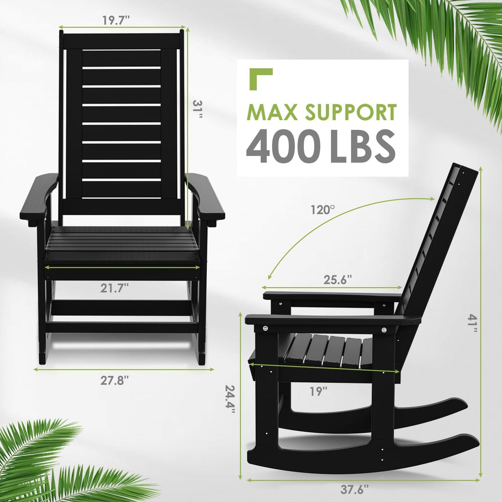 GREENVINES Oversized Rocking Chair, All Weather Resistant Outdoor Indoor Fade-Resistant Patio Rocker Chair，Stable Durable Smooth Rocking, Comfortable Easy to Maintain, Load Bearing 350 lbs (Black)