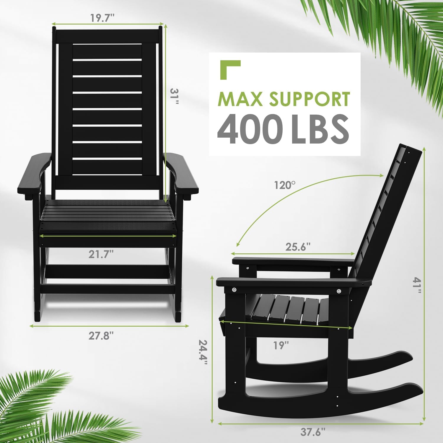GREENVINES Oversized Rocking Chair, All Weather Resistant Outdoor Indoor Fade-Resistant Patio Rocker Chair，Stable Durable Smooth Rocking, Comfortable Easy to Maintain, Load Bearing 350 lbs (Black)