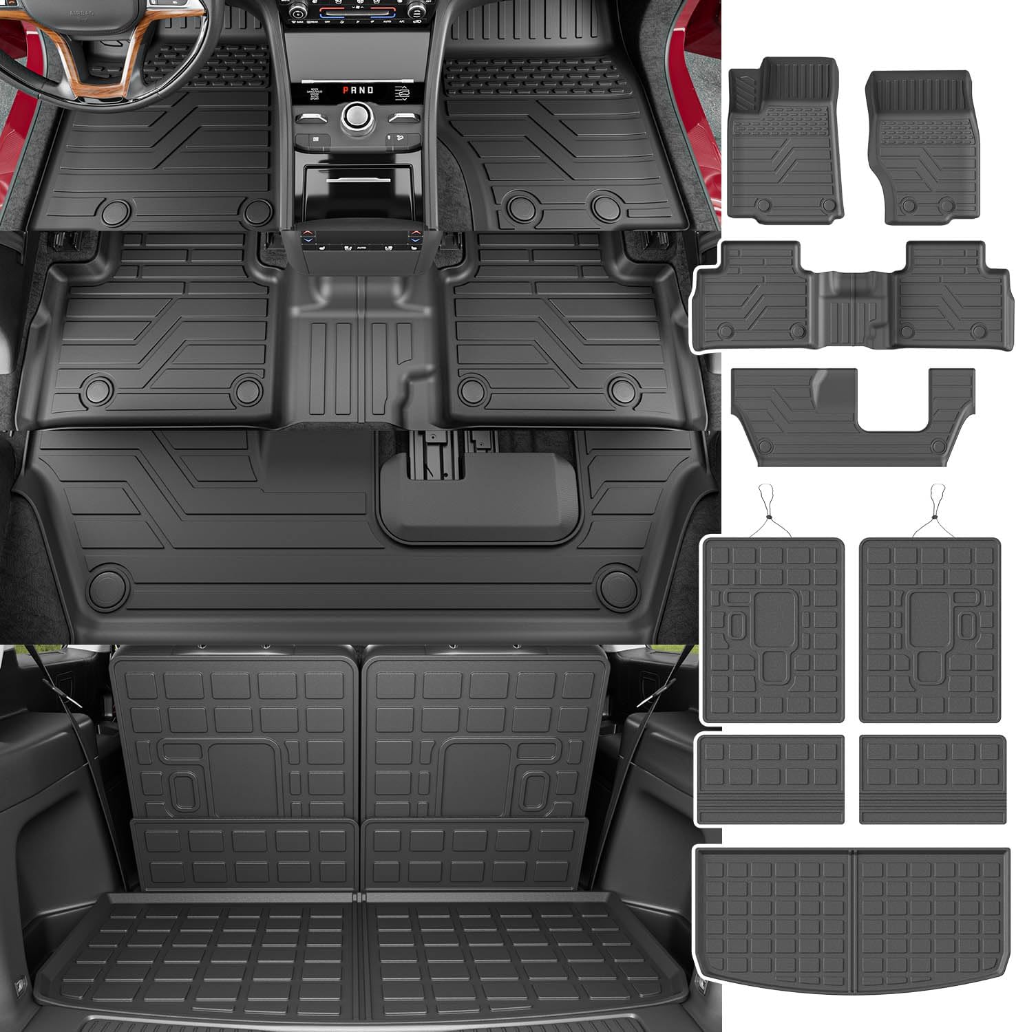 powoq 7 Seats Floor Mats Compatible with 2021-2026 Jeep Grand Cherokee L Cargo Mat Backrest Mat Replacement for 7Seat Grand Cherokee L Accessories (Trunk Mat+Backrest Mats+Floor mats)