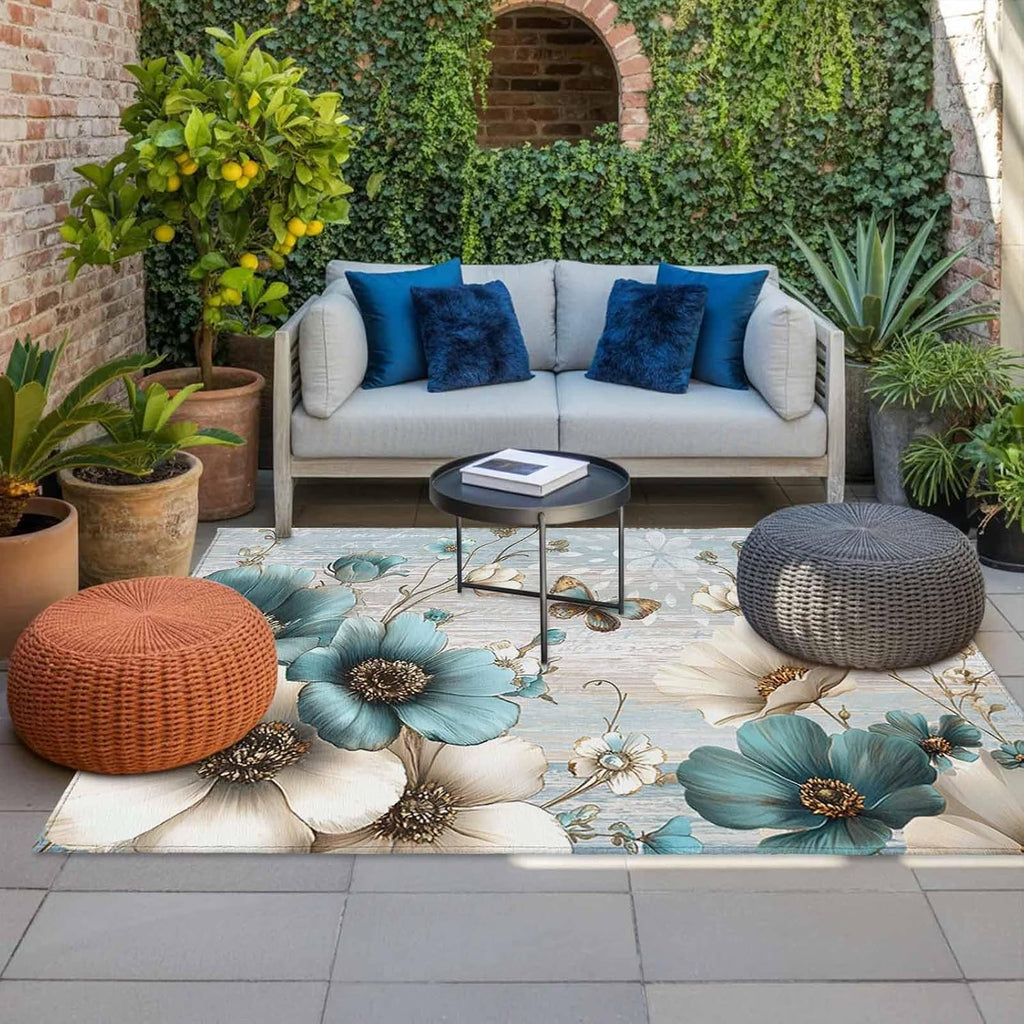 Teal Tulip Butterfly Outdoor Rug for Patio/Deck/Porch, Non-Slip Large Area Rug 4 x 6 Ft, Beige Turquoise Floral Farmhouse Blue Indoor Outdoor Rugs Washable Area Rugs, Camping Rug Carpet Runner