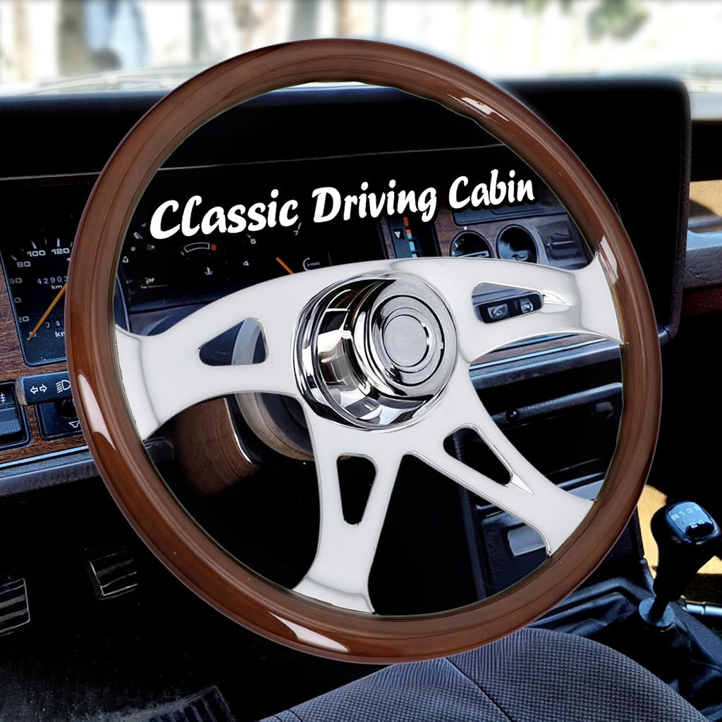 Sorghum 18' Solid Wood Steering Wheel - 4 Spokes Aluminum Chrome Classic Steering Wheel with Horn Button for Trucks Compatible with Mack Kenworth Peterbilt Volvo Freightliner-Triangle Hollow Style